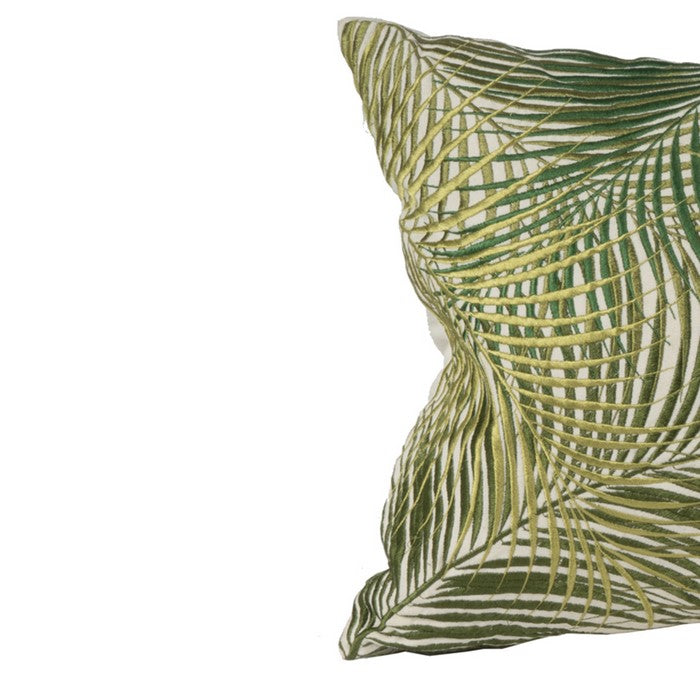 20 X 14 Inch Embroidered Pillow with Palm Leaf Design, Set of 2,White and Green