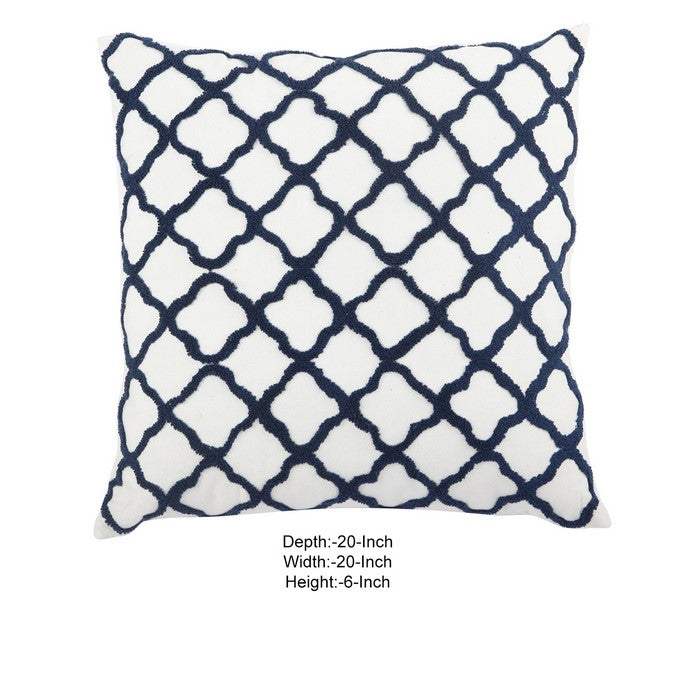 20 X 14 Inch Lattice Embroidered Feather Fill Pillow, Set of 2,White and Blue