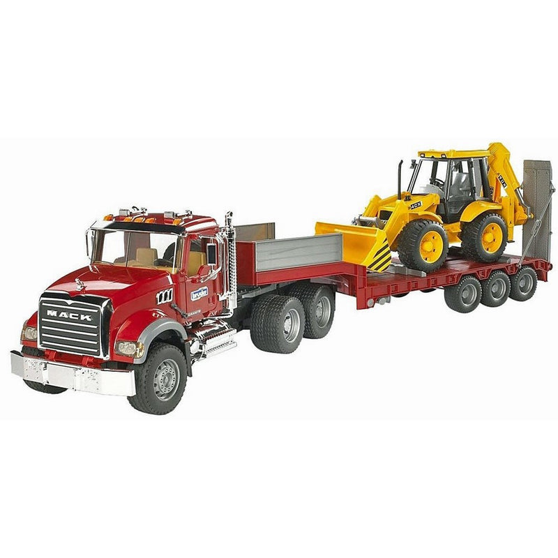 Bruder Mack Granite Flatbed Truck with JCB Loader Backhoe