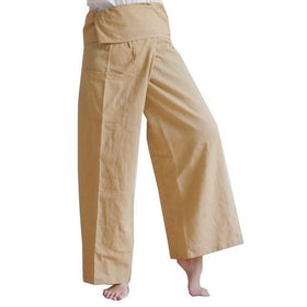 Thai Fisherman Pants Yoga Trousers Free Size Plus Size Cotton Ivory Stripe By Hugdethailand