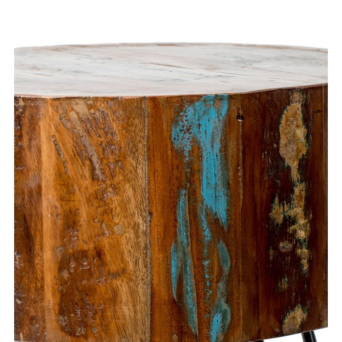 Wooden Stool with Round Seat and Metal Hairpin Legs, Multicolor