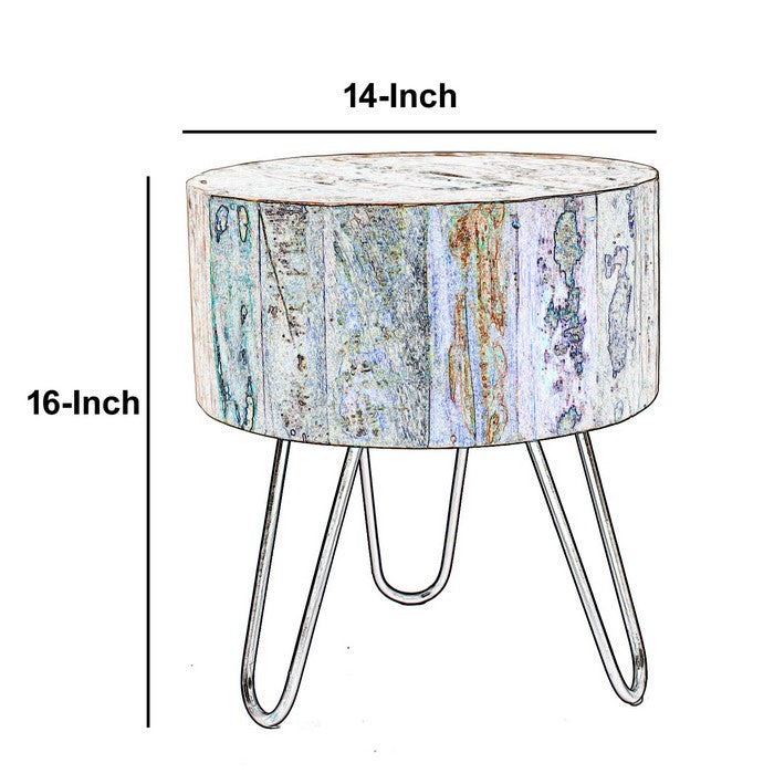 Wooden Stool with Round Seat and Metal Hairpin Legs, Multicolor