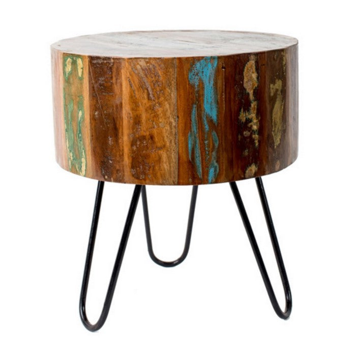 Wooden Stool with Round Seat and Metal Hairpin Legs, Multicolor