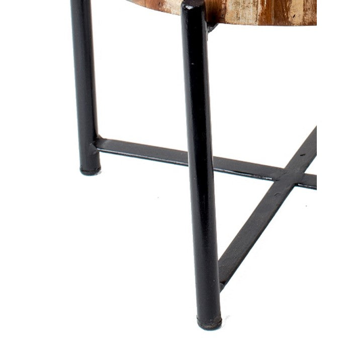 Wooden Stool with Metal Cross Base and Tubular Legs, Multicolor