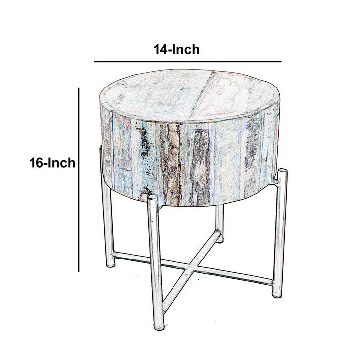 Wooden Stool with Metal Cross Base and Tubular Legs, Multicolor