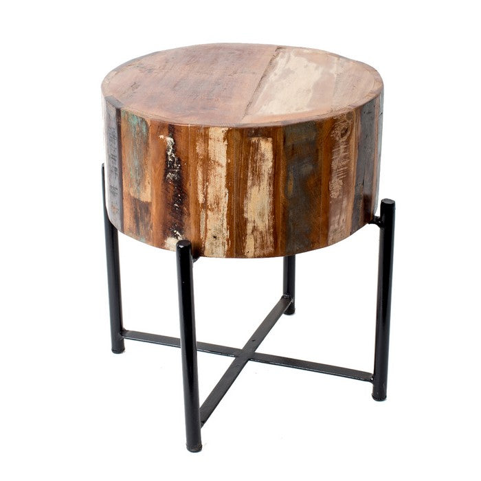 Wooden Stool with Metal Cross Base and Tubular Legs, Multicolor