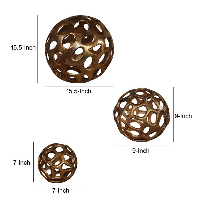Aluminum Decorative Spheres with Irregular Cutouts, Set of Three, Gold