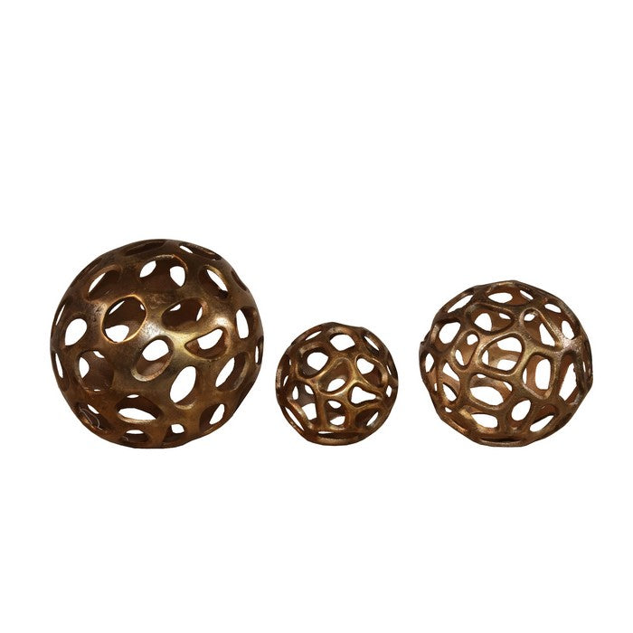 Aluminum Decorative Spheres with Irregular Cutouts, Set of Three, Gold