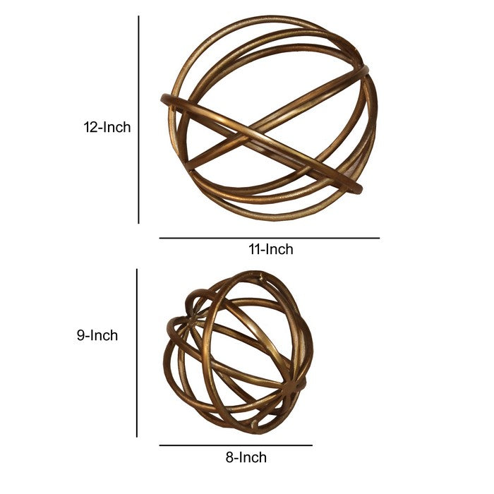 Metal Decorative Spheres with Adjoined Ring Design, Set of Two, Gold