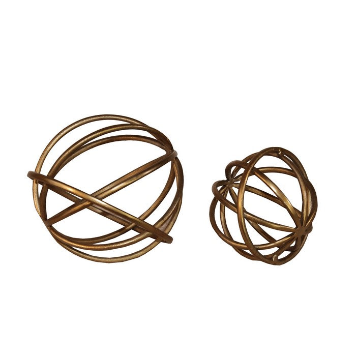 Metal Decorative Spheres with Adjoined Ring Design, Set of Two, Gold