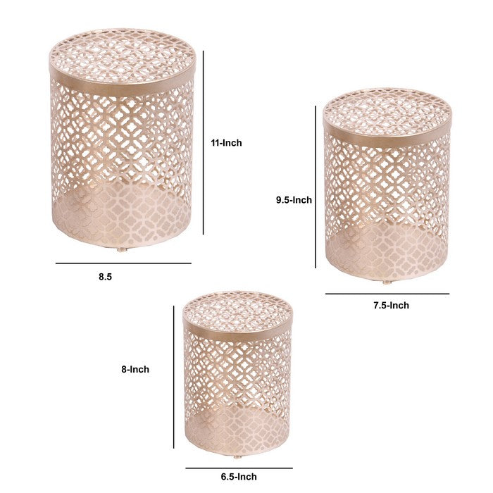 Metal Lidded Storage Box with Lattice Pattern, Set of 3, Gold