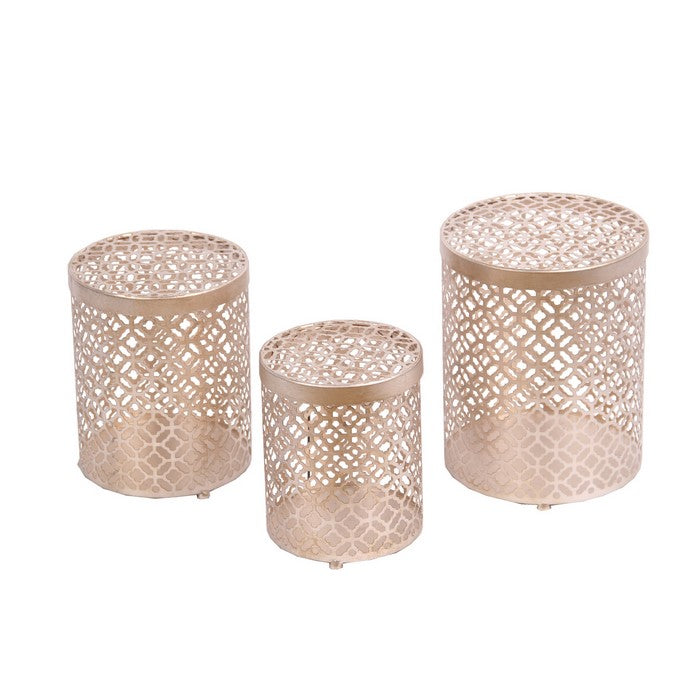 Metal Lidded Storage Box with Lattice Pattern, Set of 3, Gold