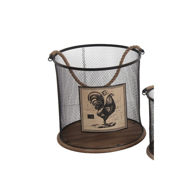 Wood and Metal Mesh Baskets with Rope Handle,Set of 3, Black and Brown