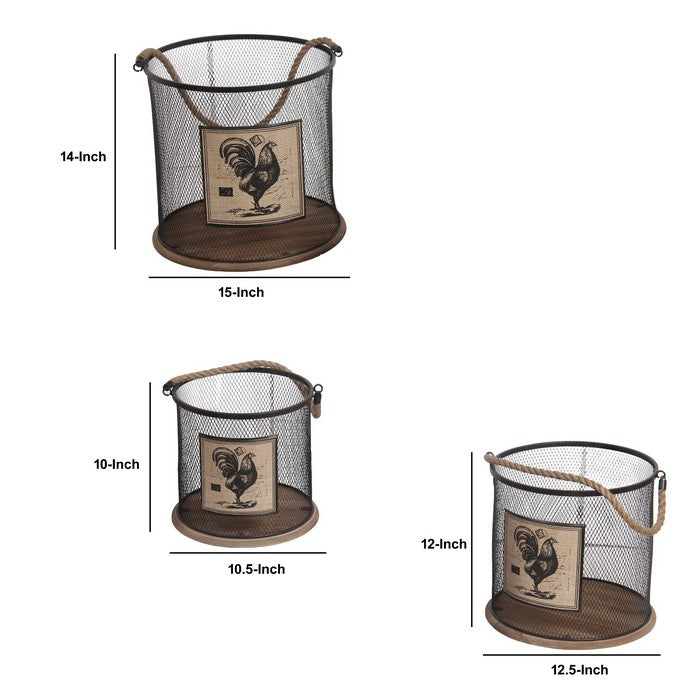 Wood and Metal Mesh Baskets with Rope Handle,Set of 3, Black and Brown