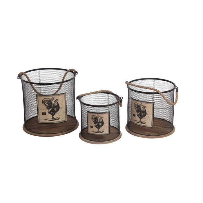 Wood and Metal Mesh Baskets with Rope Handle,Set of 3, Black and Brown