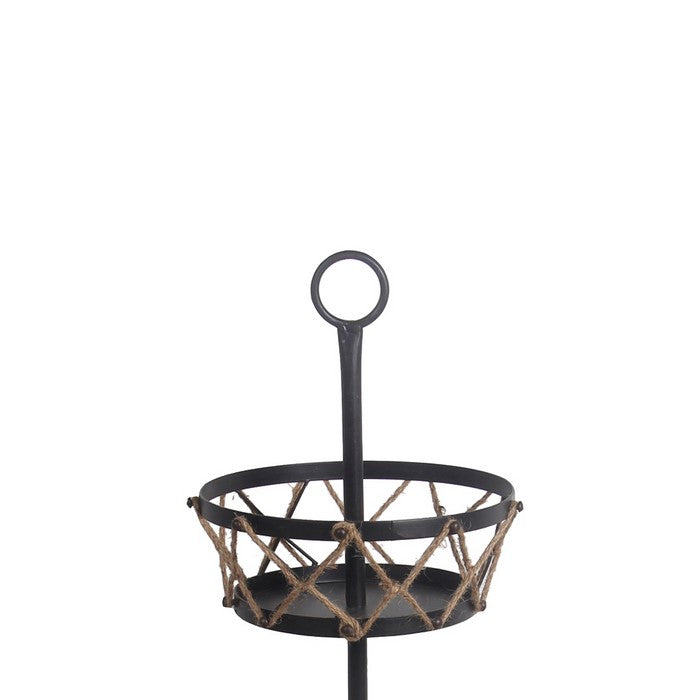 Spacious 3 Tier Metal Rack with Crosshatch Rope Design,Black and Brown