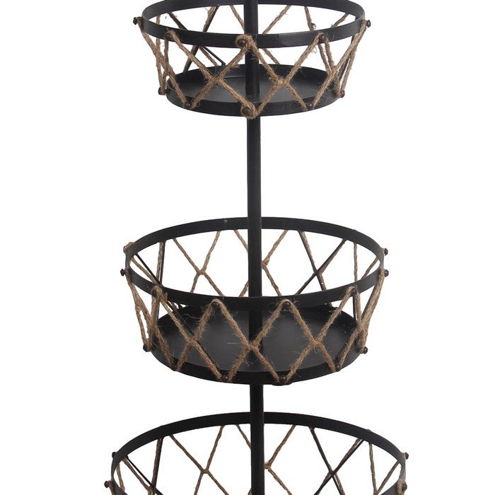 Spacious 3 Tier Metal Rack with Crosshatch Rope Design,Black and Brown