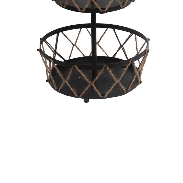Spacious 3 Tier Metal Rack with Crosshatch Rope Design,Black and Brown