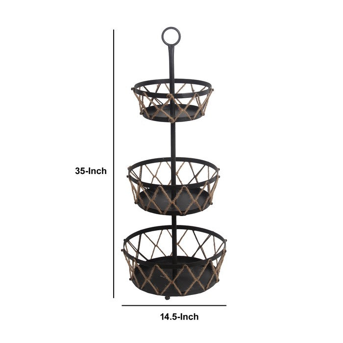 Spacious 3 Tier Metal Rack with Crosshatch Rope Design,Black and Brown