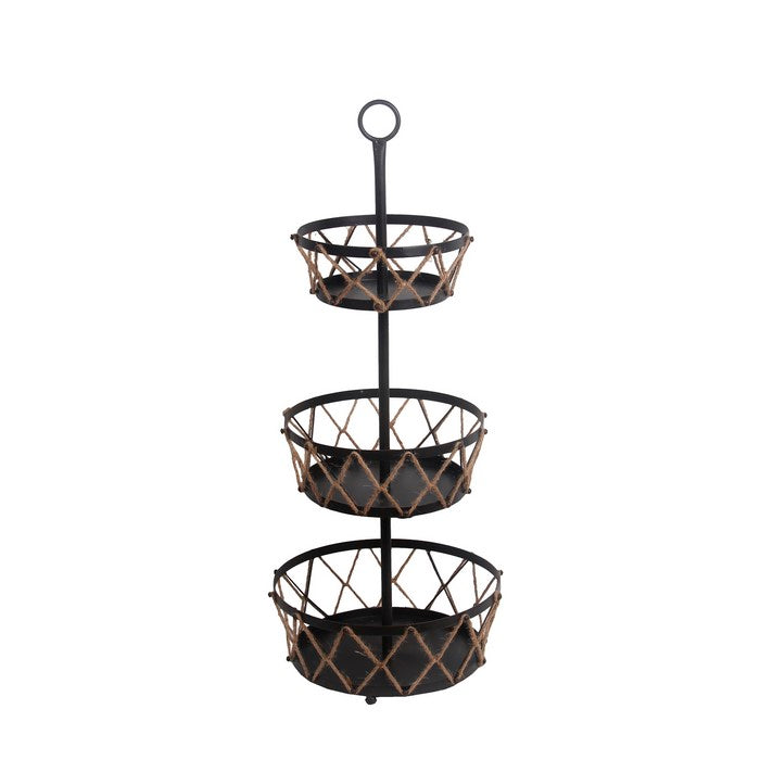 Spacious 3 Tier Metal Rack with Crosshatch Rope Design,Black and Brown