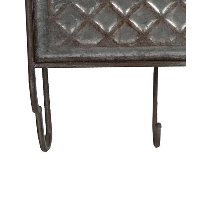 Rustic Style 3 Drawer Metal Wall Decor with Hooks, Brown and Silver