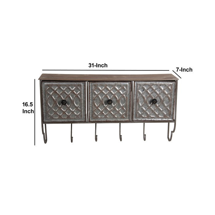 Rustic Style 3 Drawer Metal Wall Decor with Hooks, Brown and Silver