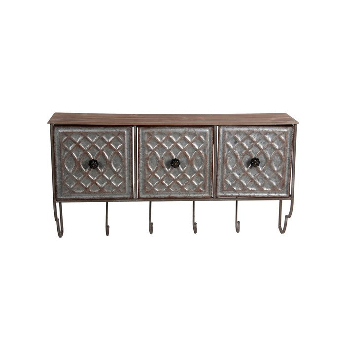 Rustic Style 3 Drawer Metal Wall Decor with Hooks, Brown and Silver