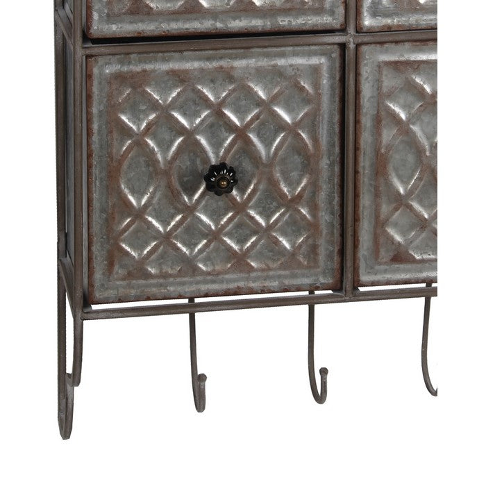 Rustic Style 4 Drawer Metal Wall Decor with Hooks, Brown and Silver