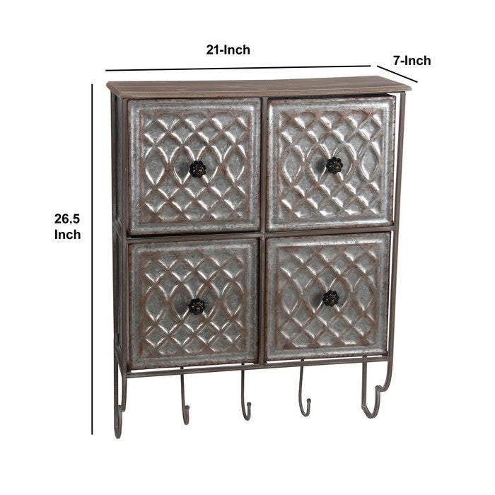 Rustic Style 4 Drawer Metal Wall Decor with Hooks, Brown and Silver