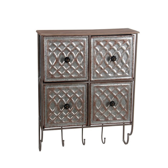 Rustic Style 4 Drawer Metal Wall Decor with Hooks, Brown and Silver