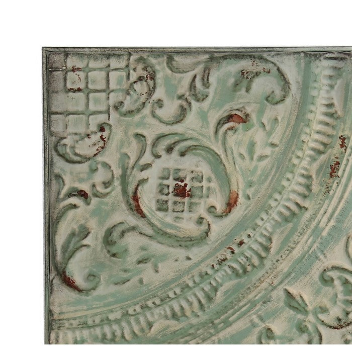 Square Shape Distressed Wall Plaque with Filigree Carvings, Green