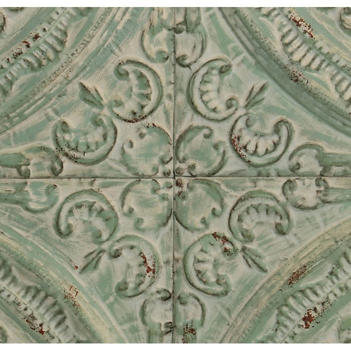 Square Shape Distressed Wall Plaque with Filigree Carvings, Green
