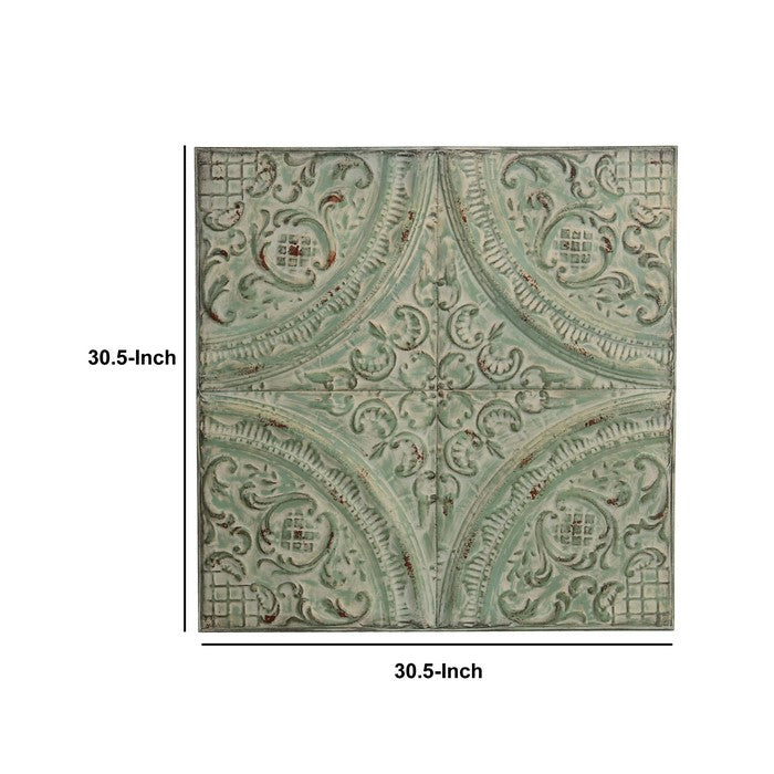 Square Shape Distressed Wall Plaque with Filigree Carvings, Green