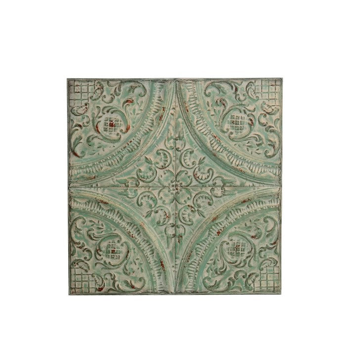 Square Shape Distressed Wall Plaque with Filigree Carvings, Green
