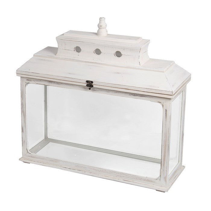 2 Piece Rectangular Wood and Glass Lantern Set with Finial Top, White