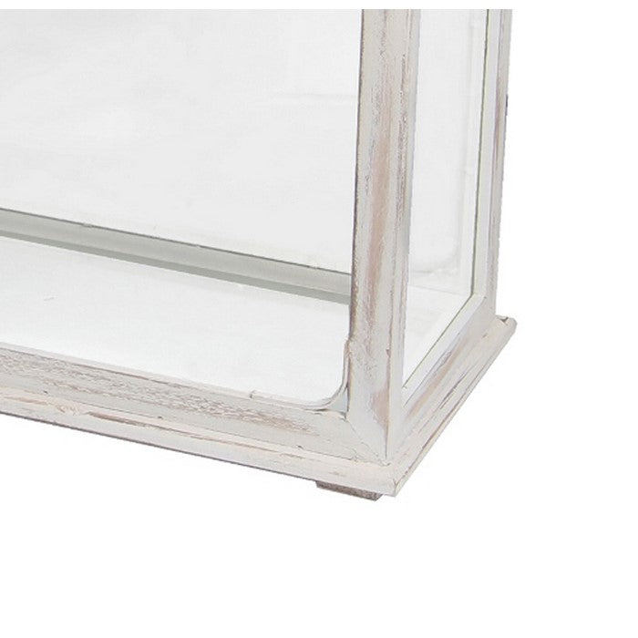 2 Piece Rectangular Wood and Glass Lantern Set with Finial Top, White