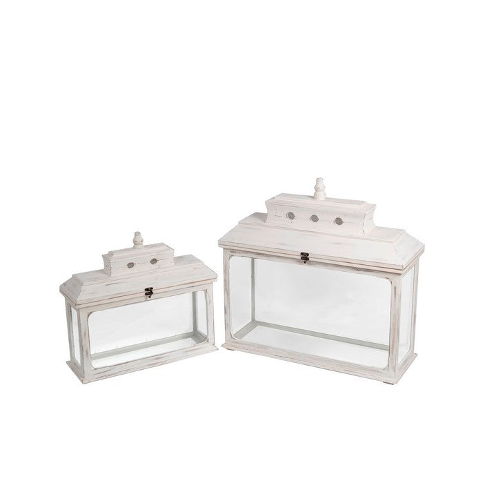 2 Piece Rectangular Wood and Glass Lantern Set with Finial Top, White