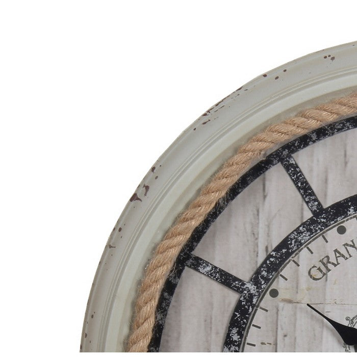 Coastal Metal Wall Clock with Rope Accented Frame, White and Black
