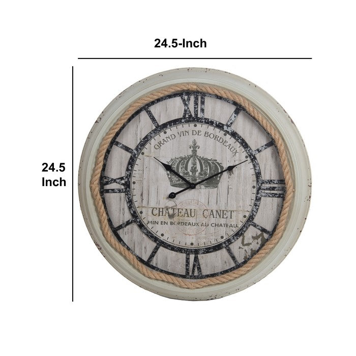 Coastal Metal Wall Clock with Rope Accented Frame, White and Black