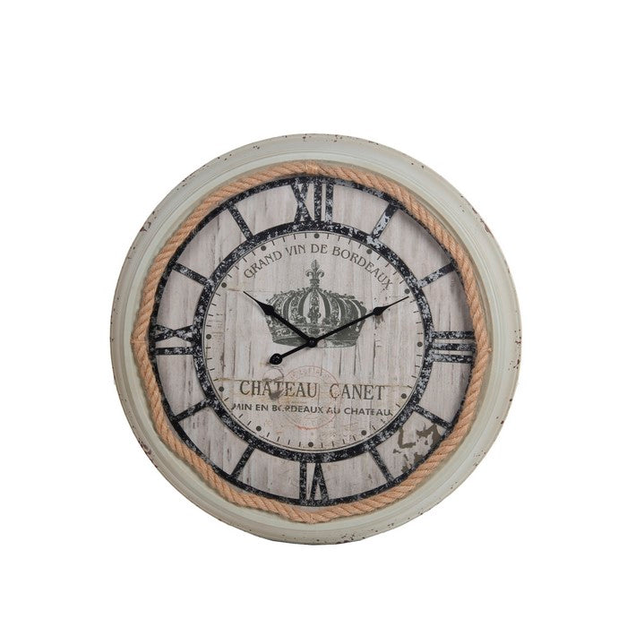 Coastal Metal Wall Clock with Rope Accented Frame, White and Black