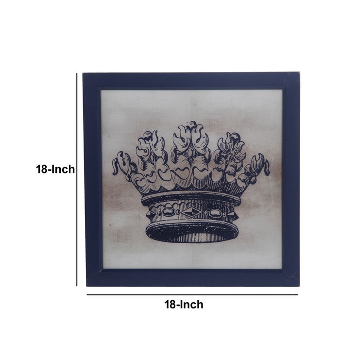 Square Shape Wooden Wall decor with Crown Print, Blue and White