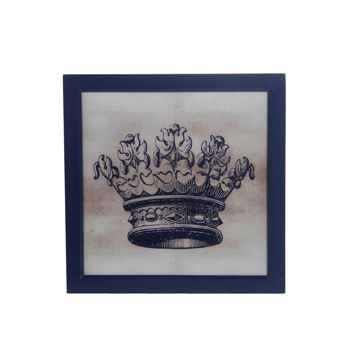Square Shape Wooden Wall decor with Crown Print, Blue and White