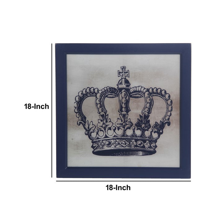 Square Wall decor with Crown Print and Wooden Backing, Blue and White