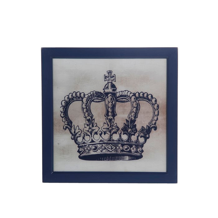 Square Wall decor with Crown Print and Wooden Backing, Blue and White