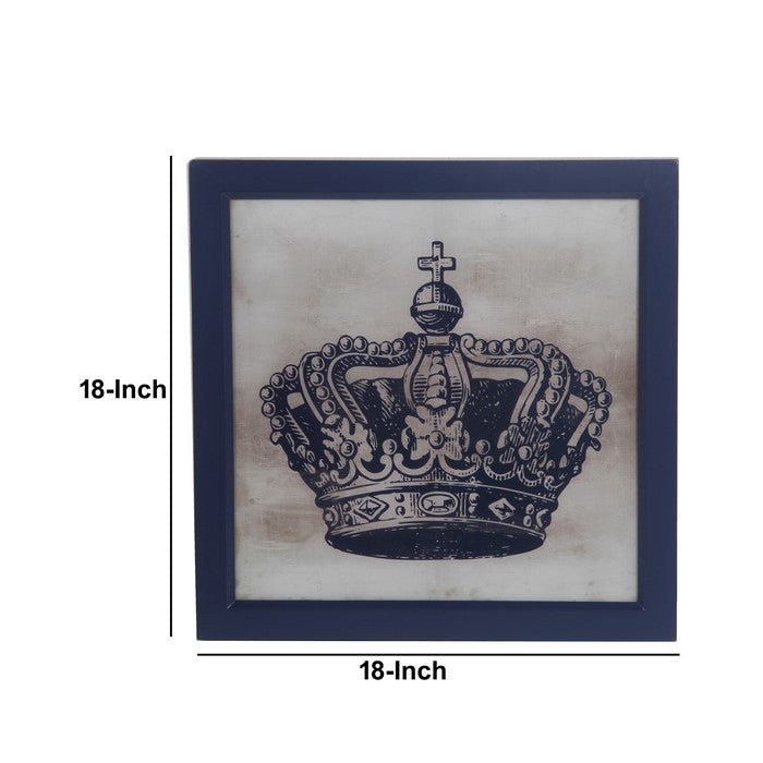 Square Wooden Wall decor with Crown Print, Blue and White