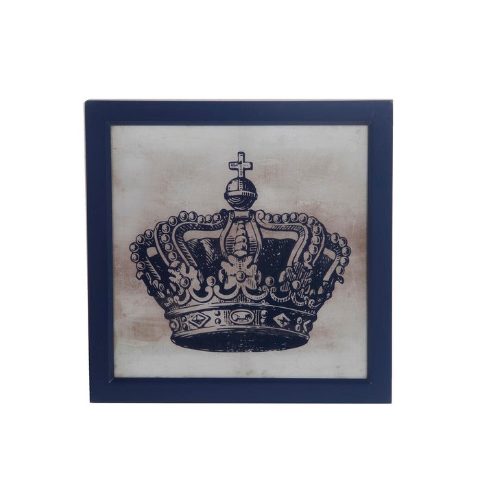 Square Wooden Wall decor with Crown Print, Blue and White