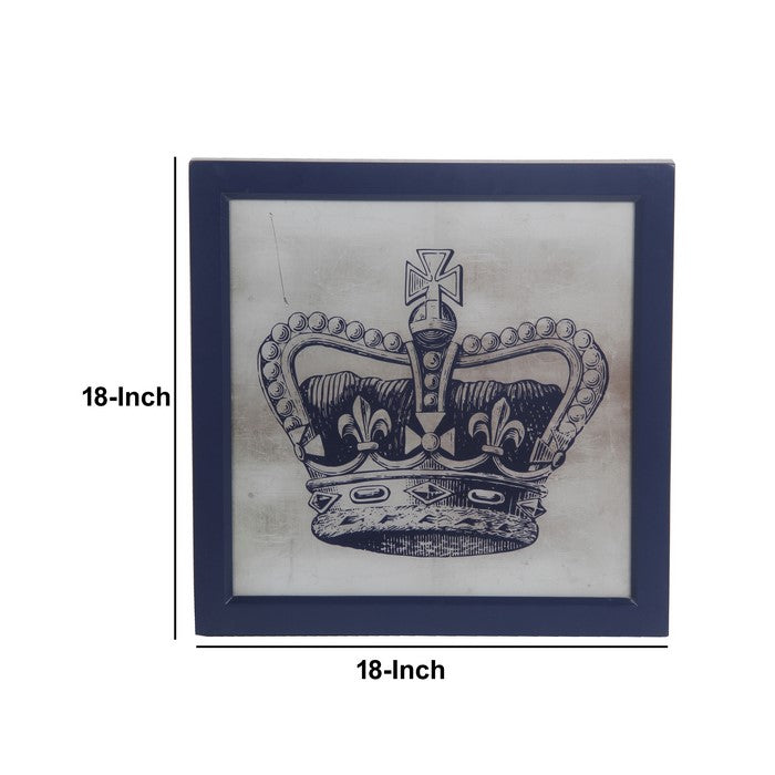 Square Frame Wooden Wall decor with Royal Crown Print, Blue and White