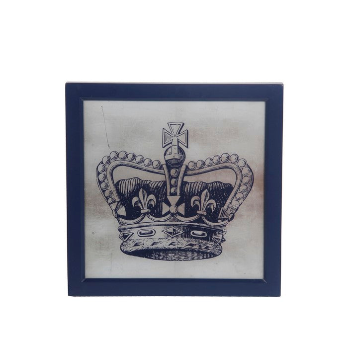 Square Frame Wooden Wall decor with Royal Crown Print, Blue and White
