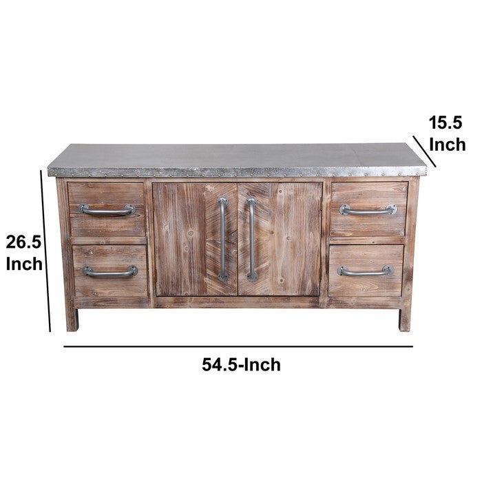 2 Door Wood and Metal Accent Stand with 4 Drawers, Silver and Brown