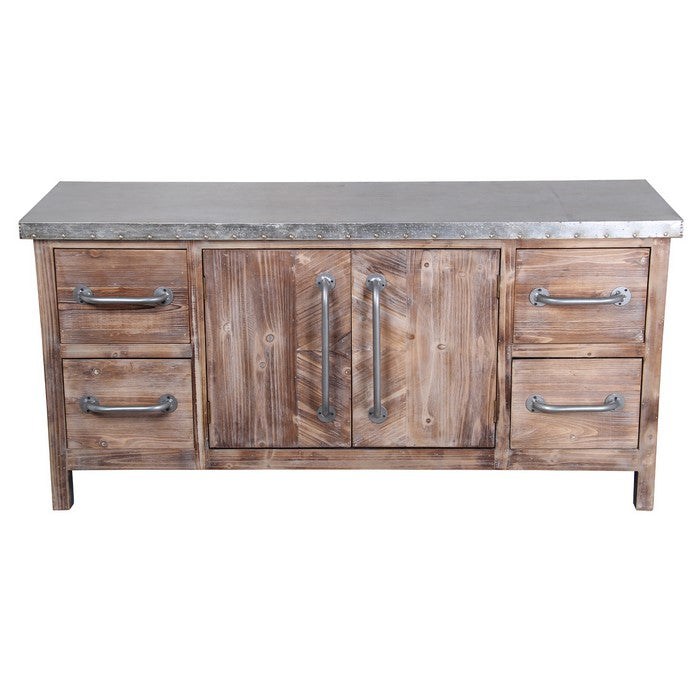 2 Door Wood and Metal Accent Stand with 4 Drawers, Silver and Brown